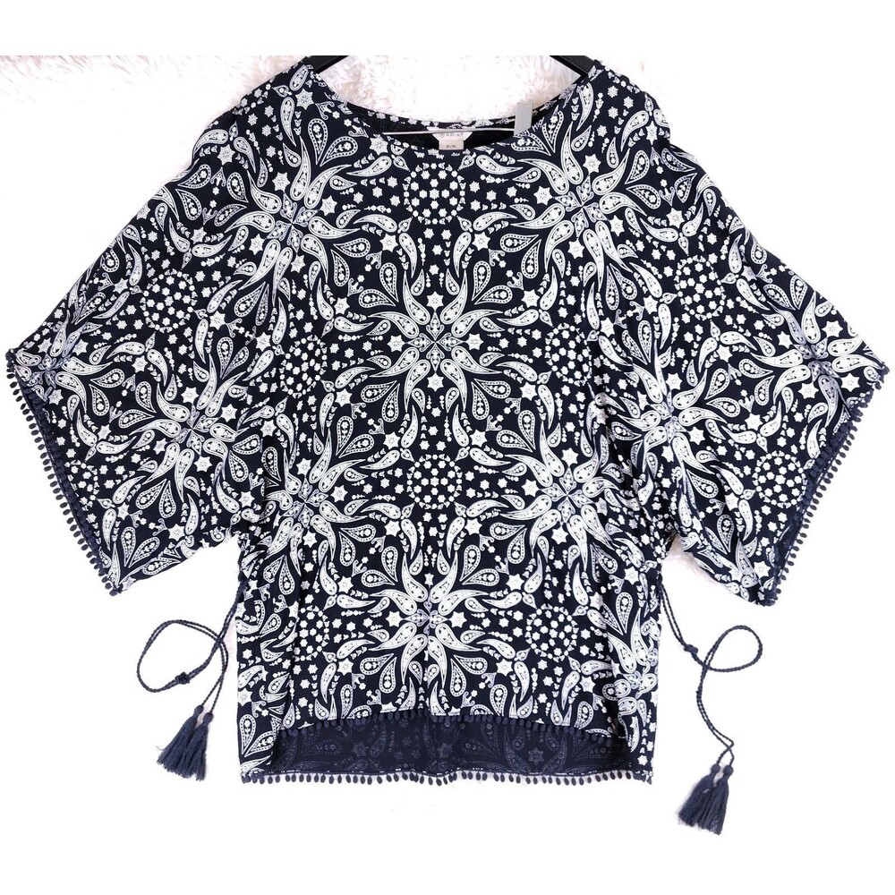 Ariat Dark Blue Western Bandana Print Tassle Batwing Blouse With Hidden Belt